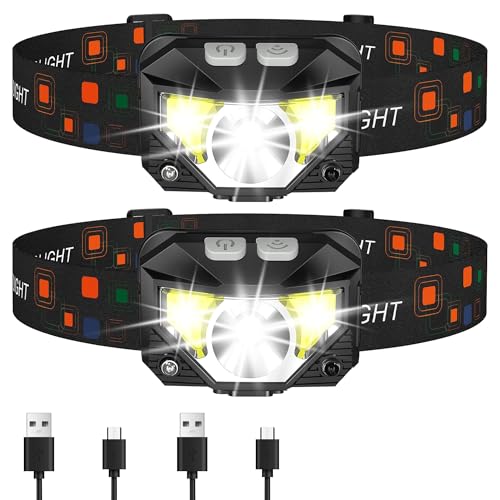 RONLADO 2 Piezas Lampara de Cabeza,Linterna Frontal con Sensor de Movimiento,Linterna de Cebeza LED con 8 Modos de Luz,Recargable,IPX4 Impermeable,Peso Ultraligero para Campismo,Ciclismo,Pesca,etc