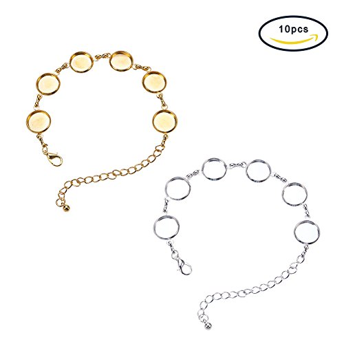 PH PandaHall 10 PCS Adjustable Brass Bracelet Chain, 12mm Round Blank Cabochon Base Adjustable Blank Bangle with 6 Pads Round Jewelry Disc Base Bezel Tray, Silver & Golden