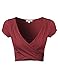 Solid V-Neck Crossover Shirred Wrap Front Cap Sleeves Crop Top Burgundy Size M