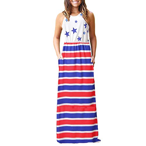 Women's Tank Dress American Flag Print Sleeveless Loose Plain Maxi Dresses Casual Long Dresses with Pockets White - Thumbnail 6