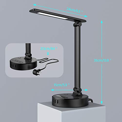 LED Desk Lamp Light with 4 Fast USB Charging Port and 2 AC Power Outlet, 4 Levels Brightness, 6FT Extension Cord, Touch Dimmer Control, 8W Eye-Caring Table Lamp for Bedside Office Hotel Dorm