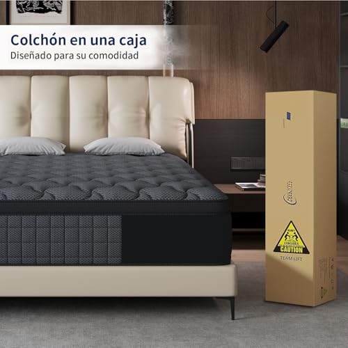 Colchones Matrimoniales 25 CM Memory Foam Híbrido en Caja – Gel Refrigerante, Alivio de Dolor de Espalda, Firmeza Media, Soporte Ergonómico, Sueño Fresco y Confortable, Antiácaros, 190x135cm，Negro