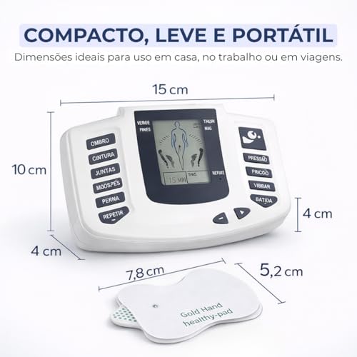 Aparelho Eletroestimulador Muscular TENS EMS Portátil com Eletrodos Premium 8 Modos e 10 Intensidades, Alívio Muscular, Alívio de Dores, Uso Doméstico, Fisioterapia Corporal em Casa