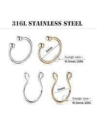 Me&Hz 20G Faux Nose Ring 316L Stainless Steel Fake Piercing Jewelry Unisex for Lip Septum Ring Fake Nose Ring Hoop Set, 8-12 Pcs