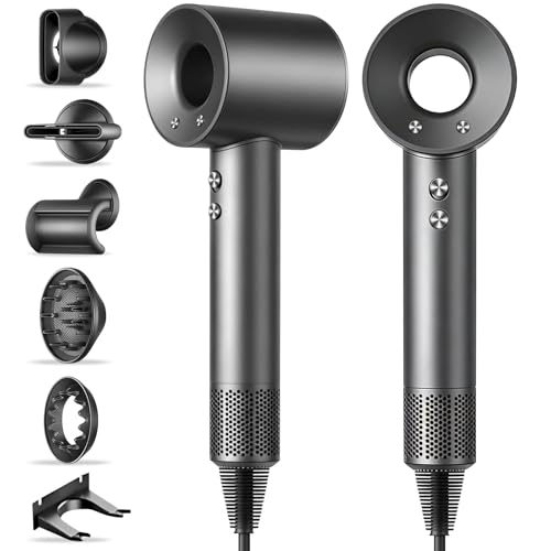 Secadora de Cabello con 1000M de Iones Negativos,Motor de 130,000 RPM para Secado Rápido,Incluye 5 Difusores para Cabello Rizado, Solo 45-50dB,Kit Completo con Soporte de Pared y Base(Gris)