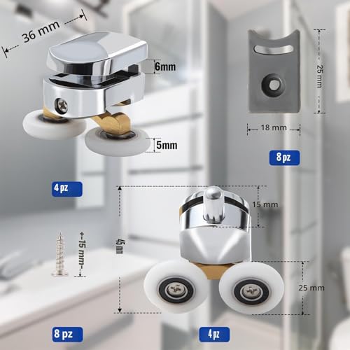 8 Sets Shower Door Rollers Shower Door Rollers for Sliding Doors Diameter 25 mm, Sliding Door, Shower Door Wheels, Rail Roller, Glass Shower Screen (4top and 4bottom)