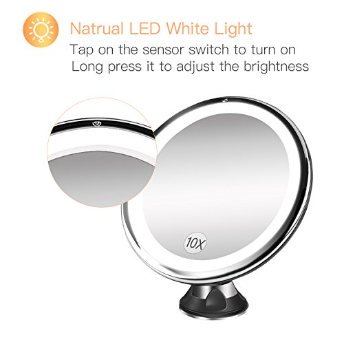 BESTOPE Makeup Mirror 10x Magnifying 16 Led Vanity Mirror with 360°Rotation Locking Suction, Battery Operated, Cordless Portable Natural Dimmable Bathroom Mirror