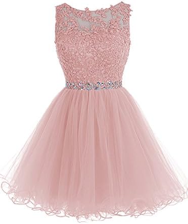Tideclothes ALAGIRLS Short Beaded Prom Dress Tulle Applique Homecoming Dress Blush US26Plus