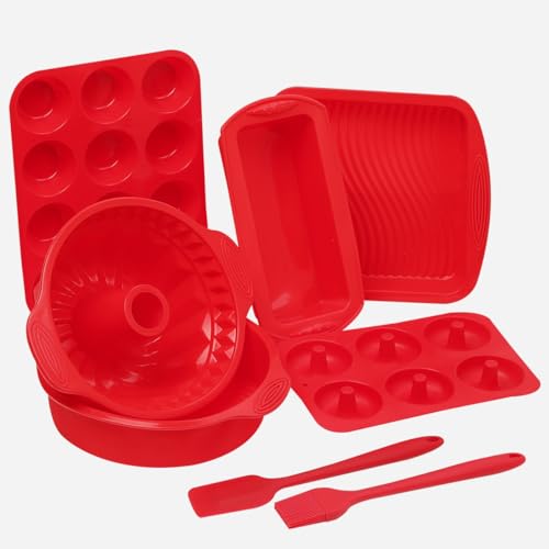 8PCS Silicone Baking Pans Sets - Nonstick Silicone Bakeware Set with Bread Loaf Pan, Muffin Pan, Square & Round Cake Pan, Bundt Cake Pan, Donut Pan - Oven & Dishwasher Safe with Brush & Spatula (Red)
