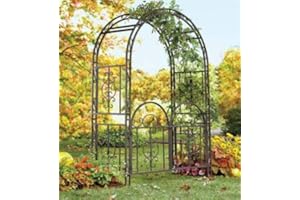 Plow & Hearth Arch Metal Outdoor Garden Arbor Double Gate | Montebello | 84" H x 53" W x 23" D | Gunmetal Black | Trellis Lattice Climbing Plants