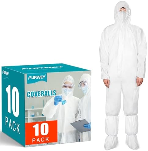 FURWEY Hazmat Suits 10 Pack Disposable Protective Coveralls, Heavy