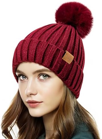 Women\'s Wine Red Winter Warm Knitted Beanie Faux Fur Pom Skull Style Hat Cap Women main image 4