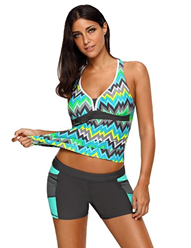luvamia Women's Racerback Chevron Print Tankini Set With Boyshort Two Piece Swimsuit Beachwear Size Medium (US 8-10)