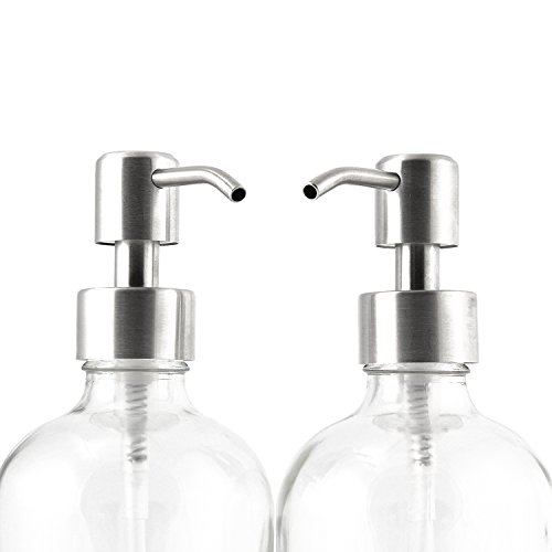 16oz Clear Glass Boston Round Bottles with Stainless Steel Pumps (2 pack), Great for Essential Oils, Lotions, Liquid Soaps