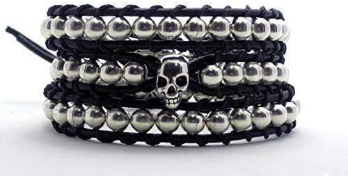 3 Wraps Silver Skull Bracelet with Silver Beads Unisex Wrap Bracelet