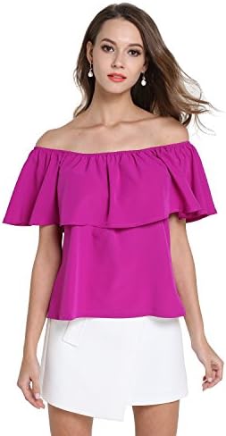 EOVVIO Women's Summer Ruffles Off Shoulder Chiffon Tops Blouse (S, Purple)