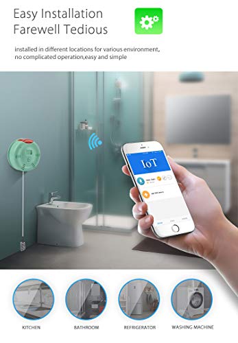 Smart Wi-Fi Water Alarm, Water Leak Detector with Sensor Cable 80dB Loud Sound, Warning Light and iOS App (Push Message,Ring) Overflow Flood Leakage Alert for Water Heater Sink Basement Sump Pump