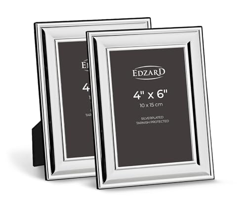 Edzard Set of 2 Silver Plated Photo Frames 4"x6" (10x15 cm) Sunset, Non-Tarnishing, High Gloss Finish, Real Glass Front & Premium Velvet Back, Portrait or Landscape Display