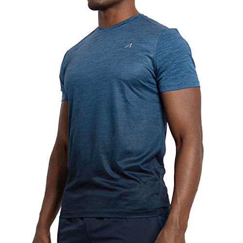 Alive Men's Tee Shirt Active Quick Dry Workout Short Sleeve Shirts Crew Neck (Large, Estate Blue Heather/Midnight Dip)