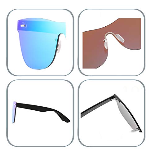 Rimless Mirrored Lens One Piece Sunglasses UV400 Protection for Women Men (Pink+Blue)