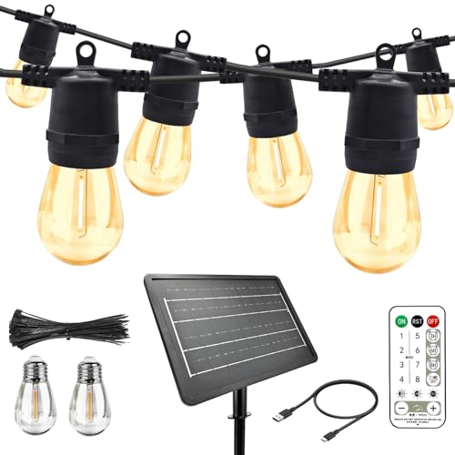 35M Solar String Lights Outdoor with 30 S14 LEDs & 2 Spares, 48Hrs 7200mAh, USB/Solar Charging, 8 Modes Remote, IP65 Waterproof, 2 Installation for Garden