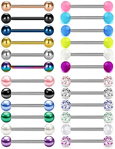 Rajnard 24Pcs Tongue Bar Tongue Piercing 14G 14mm Surgical Steel with Pearl Ball Glown in the Dark Glitter Ball Nipple Bar Nipple Tongue Ring Piercing Jewellery