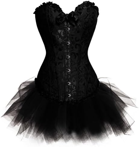 Free UK delivery aimerfeel Satin Black Vintage Lace Up Boned Corset Basque/G-String with Tutu skirt, Size 6,8,10,12,14,16,18,20,22,24
