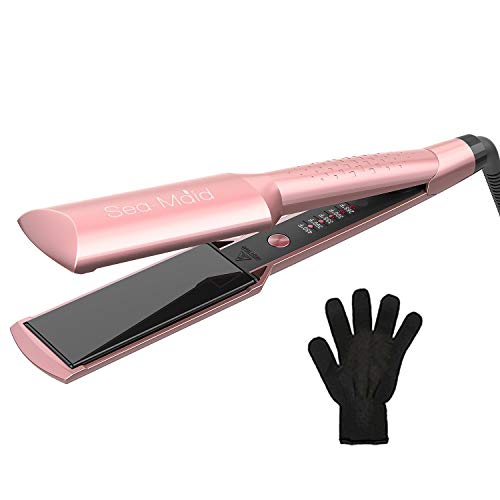 PHOEBE Ceramic Flat Iron 1.75 inch-Silky Straightener Adjustable Heat Ceramic Tourmaline Ionic Flat Iron Instant Heat Up Dual Voltage Straightens & Curls Incl Glove(Rose Gold)