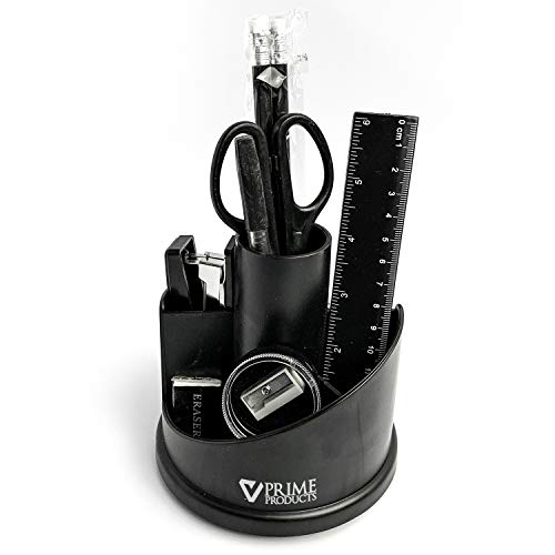 Rotating Black Desk Organizer for Office Supplies | Includes Pencils, Eraser, Pen, Scissors, Pencil Sharpener, Ruler, Stapler, Staples, Staples Remover and Paper Clips