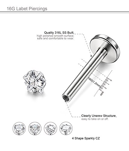 FUNRUN JEWELRY 4 Pairs 16G Stainless Steel Monroe Lip Rings Nose Studs Body Jewelry Piercing 3mm CZ 10mm