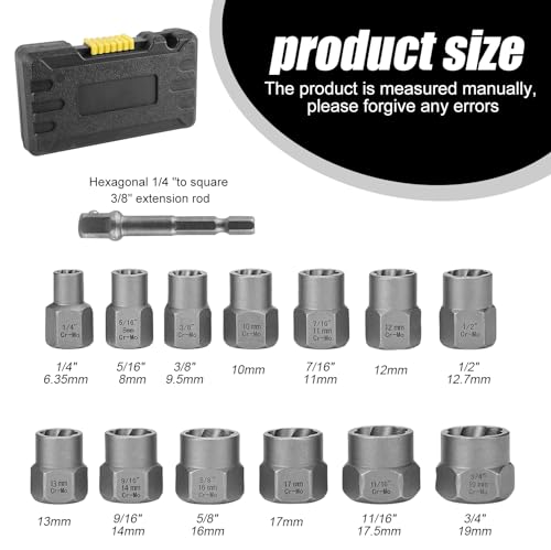 WIYETY Nut Extractor Set of 14 Helical Profile Screw Extractor Set, Socket Wrench Set, Bolt Extractor for Removing Damaged and Rusted Nuts and Screws (6.35-19mm)