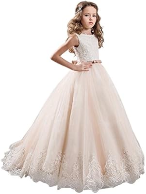 Kissangel Ivory Long Lace Flower Girl Dresses Champagne Less Party