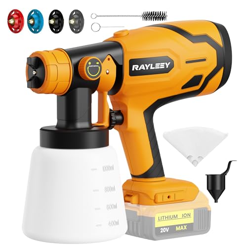 RAYLEEY Cordless Paint Sprayer Compatible with DEWALT 18V Battery, 600W Electric HVLP Spray Gun, 1000ml Container, 3 Copper Nozzles, for Fences, Walls, Ceiling, Cabinets, Tool Only (Style A)