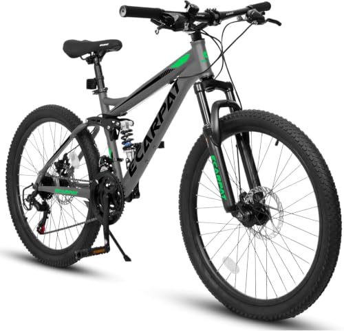 richvelo Mountain Bike with Full Suspension, 21 Speed Shifter Lever with Gear Indicator, High Carbon Steel Frame, Mechanical Disc Brakes, Use for Men/Women/Adults, Ideal for Trails (Gray, 24")