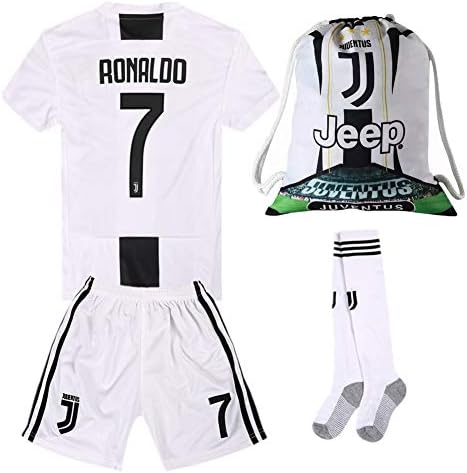 #7 Ronaldo Juventus Home 18/19 Season Kids/Youth Soccer Jersey & Shorts & Socks and Drawstring Sports Ball Bag White