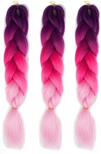 Abwin 3Piece Jumbo Braiding Synthetic Hair 100g/pc 24" Long Kanekalon African Braids Hair Extension,Jumbo Braiding Hair For Women (Purple/Rosy/Pink)
