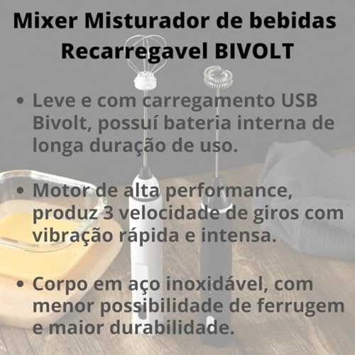 Mixer Recarregável USB Portátil Elétrico, batedor misturador para cozinha e escritório, prepare shake, vitamina e café em segundos, uso fácil, bateria interna de longa duração sem fio com 3 Acessórios