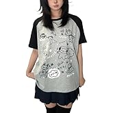 Y2K Kawaii Cute Cat Print T-Shirts for Women Patchwork Harajuku Oversize Top Round Neck Cutecore Tee Tops