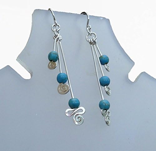sterling silver Drop Dangle earrings with tuquoise stone beads and spirals. silver drop long earrings. (your choise of stone)