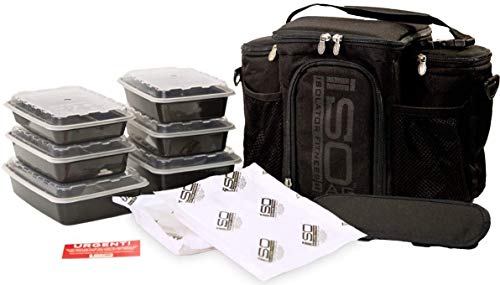 Meal-Prep-Bag-ISOBAG-3-Meal-Insulated-Lunch-Bag-Cooler-with-6-Stackable-Meal-Prep-Containers-2-Ice-Pack-ISOBRICKS-and-Shoulder-Strap-MADE-IN-USA-Blackout