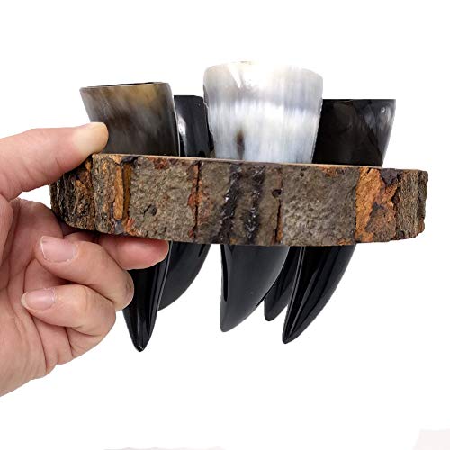 Alehorn Handcrafted Genuine Viking Wine/Mead Drinking Horn 50 ML Toasting Horn Shot Glasses Set of 5 w/Rustic Custom Wooden Holder Tray Rack Display Stand Decor