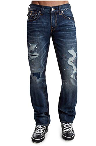 True Religion Men's Straight Fit Distressed Jeans w/Flap Pockets & Rips in Indigo