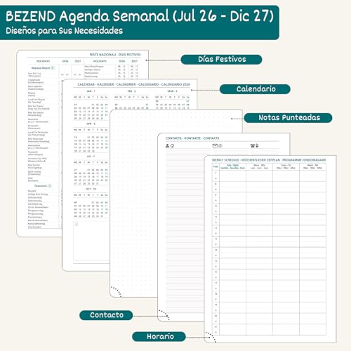 BEZEND School Diary 2026 2027 Week to View A5 15.5 x 21 cm, 18 Months from Jul.26 to Dec.27, Week to View with Dotted Page, 90 GSM Paper, Hard Cover PU Leather - Black