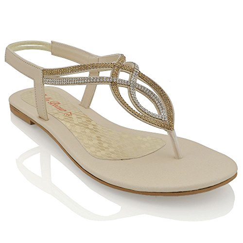 ESSEX GLAM Womens Flat T-Bar Diamante Nude Synthetic Slingback Toepost Sandals 7 B(M) US