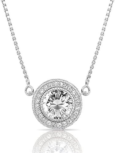 Sterling Silver Cubic Zirconia Round Halo Pendant with Box Chain Necklace 16"+2" Extender
