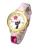 Top Plaza Womens Girls Fashion Cute Analog Quartz Wrist Watch Beautiful Cartoon Cat Pattern Gold Case Flowers Leather Strap Dress Watch - Pink