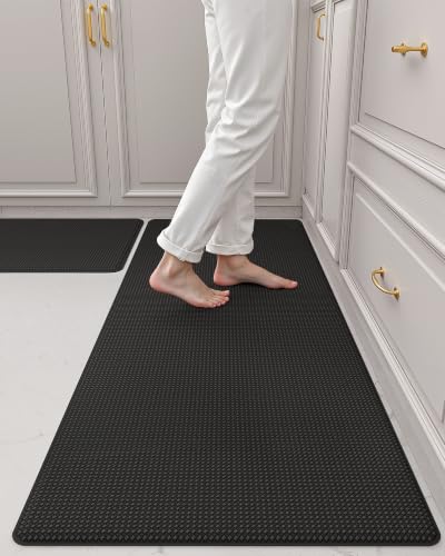Color&Geometry Anti Fatigue Kitchen Mat Set of 2 Piece, Cushioned, Easy to Clean Kitchen Runner Rug for Floor/Sink, Non Skid Waterproof Kitchen Rugs for Long Standing, 17"x29"+17"x59", Black