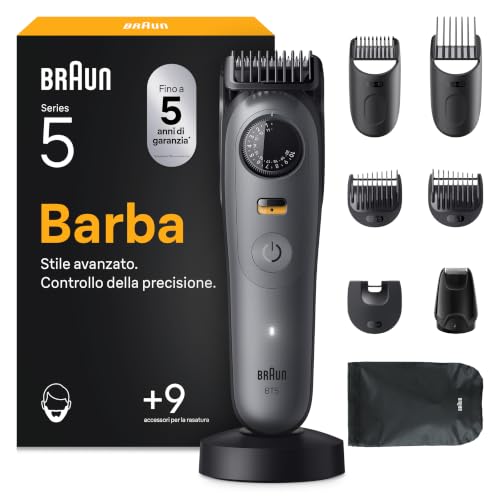 Braun Regolabarba Uomo Series 5, +9 Strumenti di Styling, Rasoio Elettrico Barba, Lama Ultra Affilata, 120 Min di Autonomia, Impermeabile, Selettore di Precisione con 40 Lunghezze, Bt5565, Grigio
