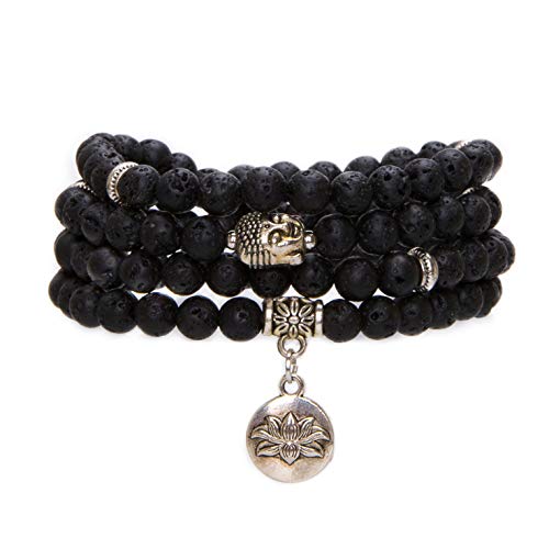 Bivei Mala Beads Bracelet, Natural Gemstone Prayer Beads Lutos Charm 108 Mala Beads Meditation Necklace-Lava Rock Stone - Thumbnail 7