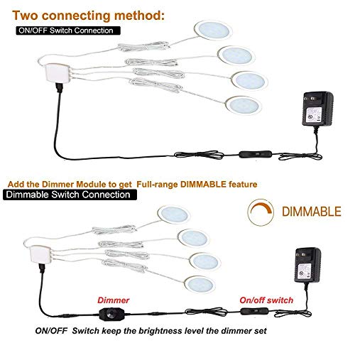 Dimmable Puck Lighting - 8W Warm White Kitchen Under Cabinet Lighting - LED Counter Deluxe Kit w/Rotary Dimmer Switch - Continuous Dimming (Warm White, 4 Pack)